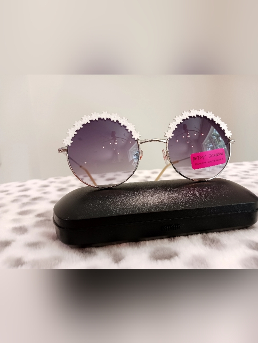 Betsey Johnson Round Purple Gradient Sunglasses with White Floral Trim